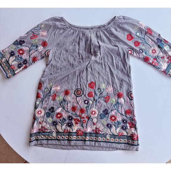 Lilypad Womens Grey Stripe Small Tunic Blouse Floral Embroidered Coastal Boho - Picture 6 of 6